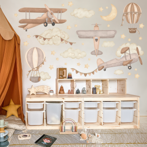 Naklejki na ścianę samoloty balony boho beż brąz gwiazdki księżyc