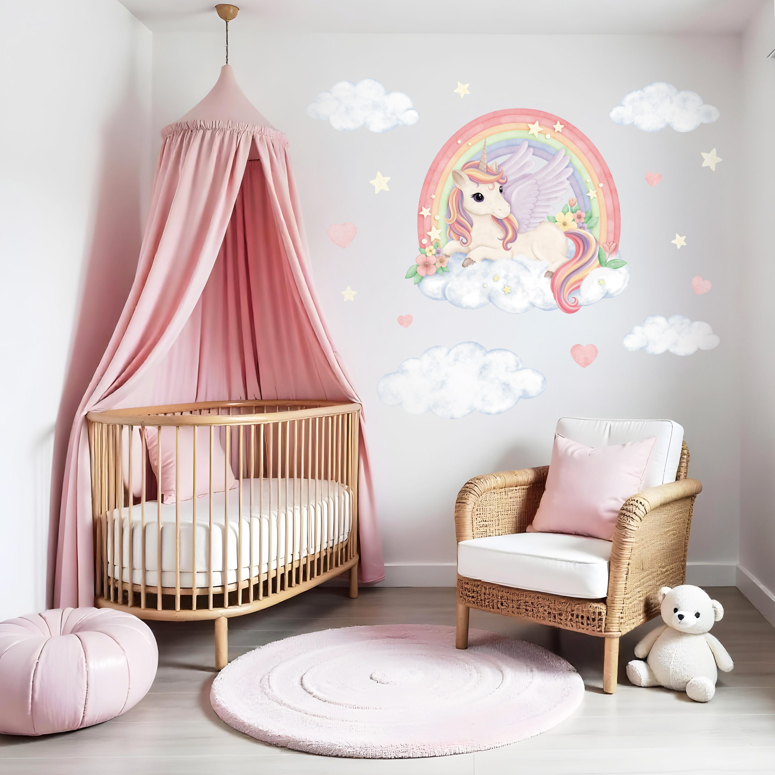 Naklejki na ścianę dla dzieci jednorożec pegaz tęcza chmury gwiazdki serduszka pastelowe kolory - obrazek 3