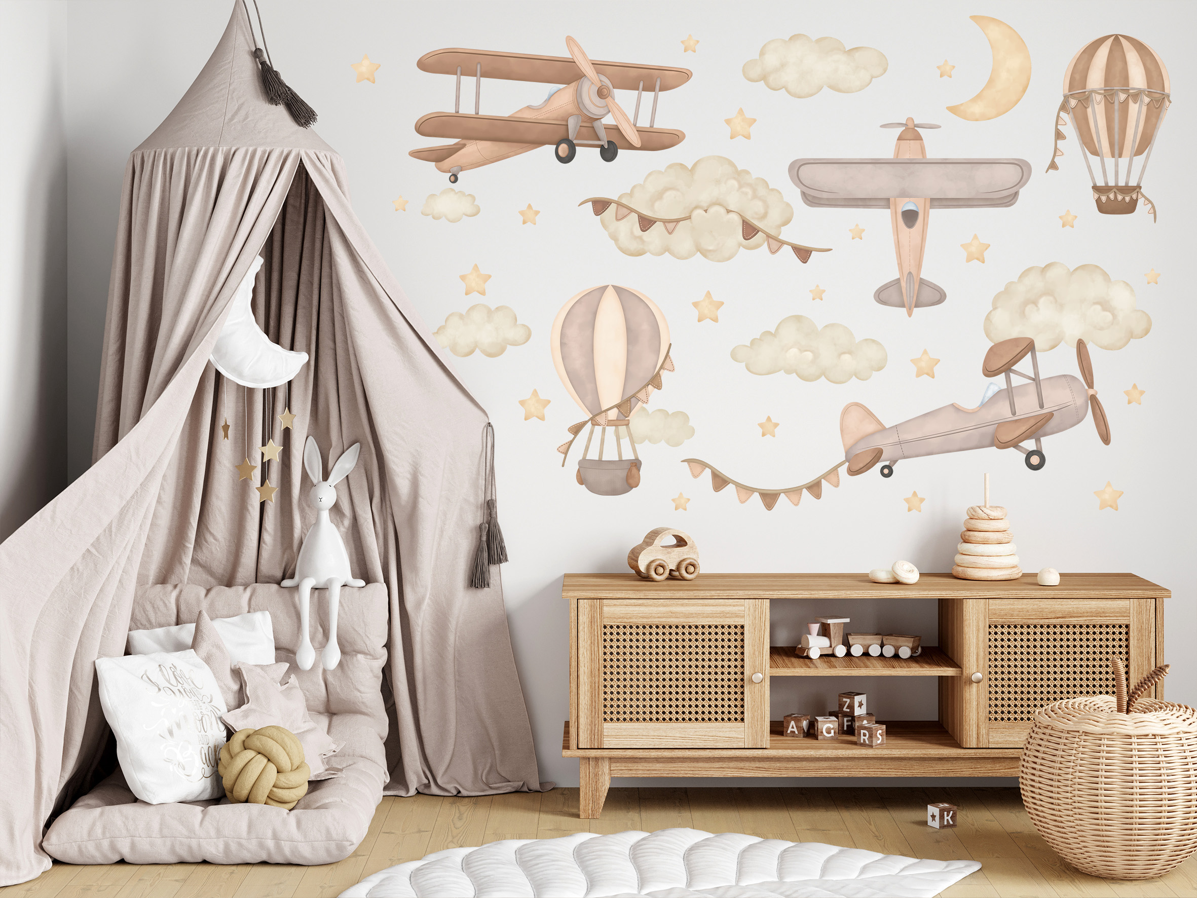 Naklejki na ścianę samoloty balony boho beż brąz gwiazdki księżyc - obrazek 4