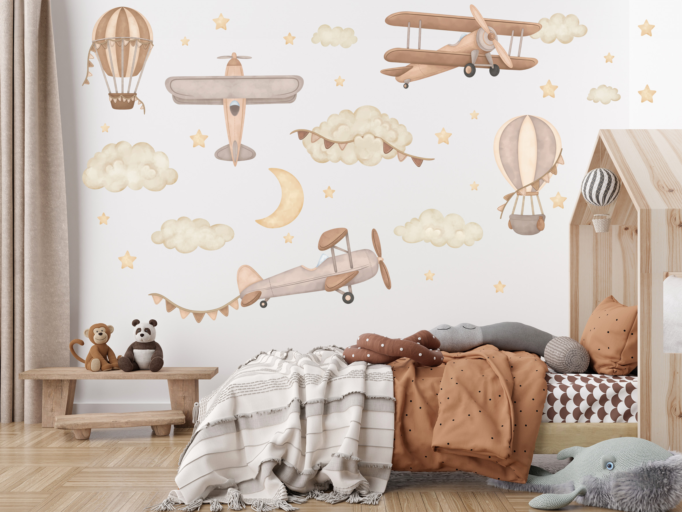 Naklejki na ścianę samoloty balony boho beż brąz gwiazdki księżyc - obrazek 7