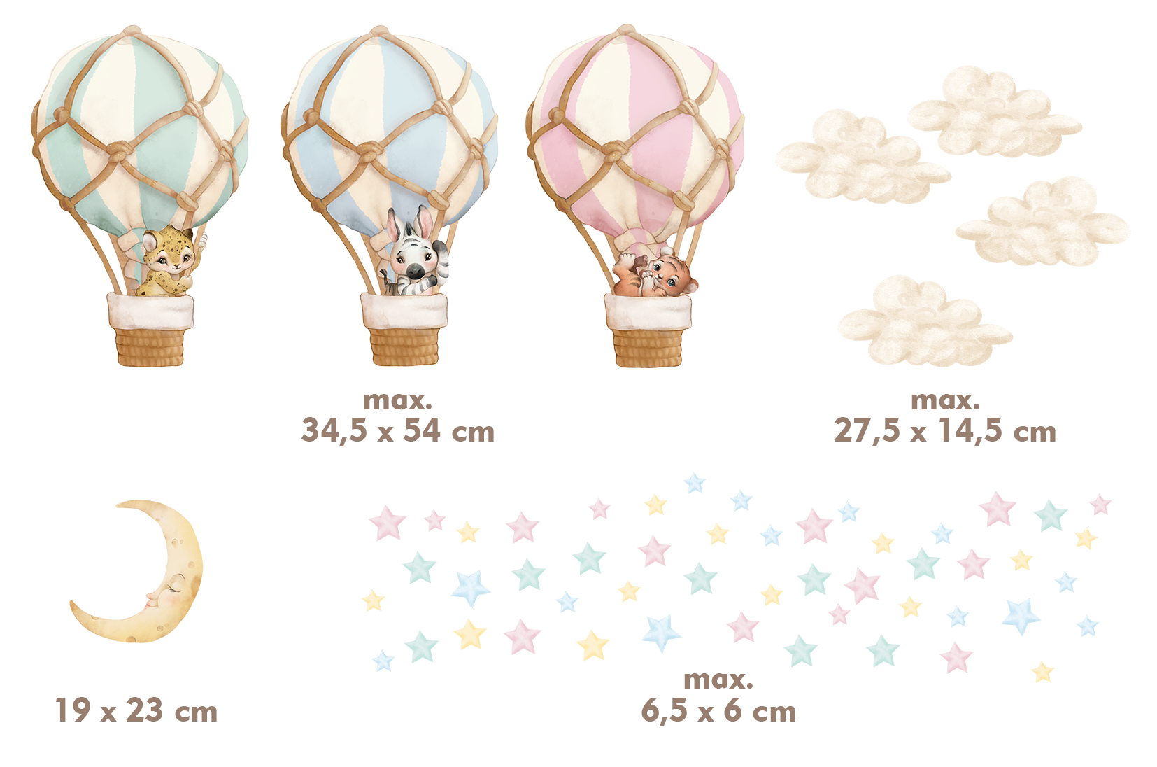 Naklejki na ścianę balony zwierzęta gwiazdki księżyc niebieskie pastele - obrazek 8