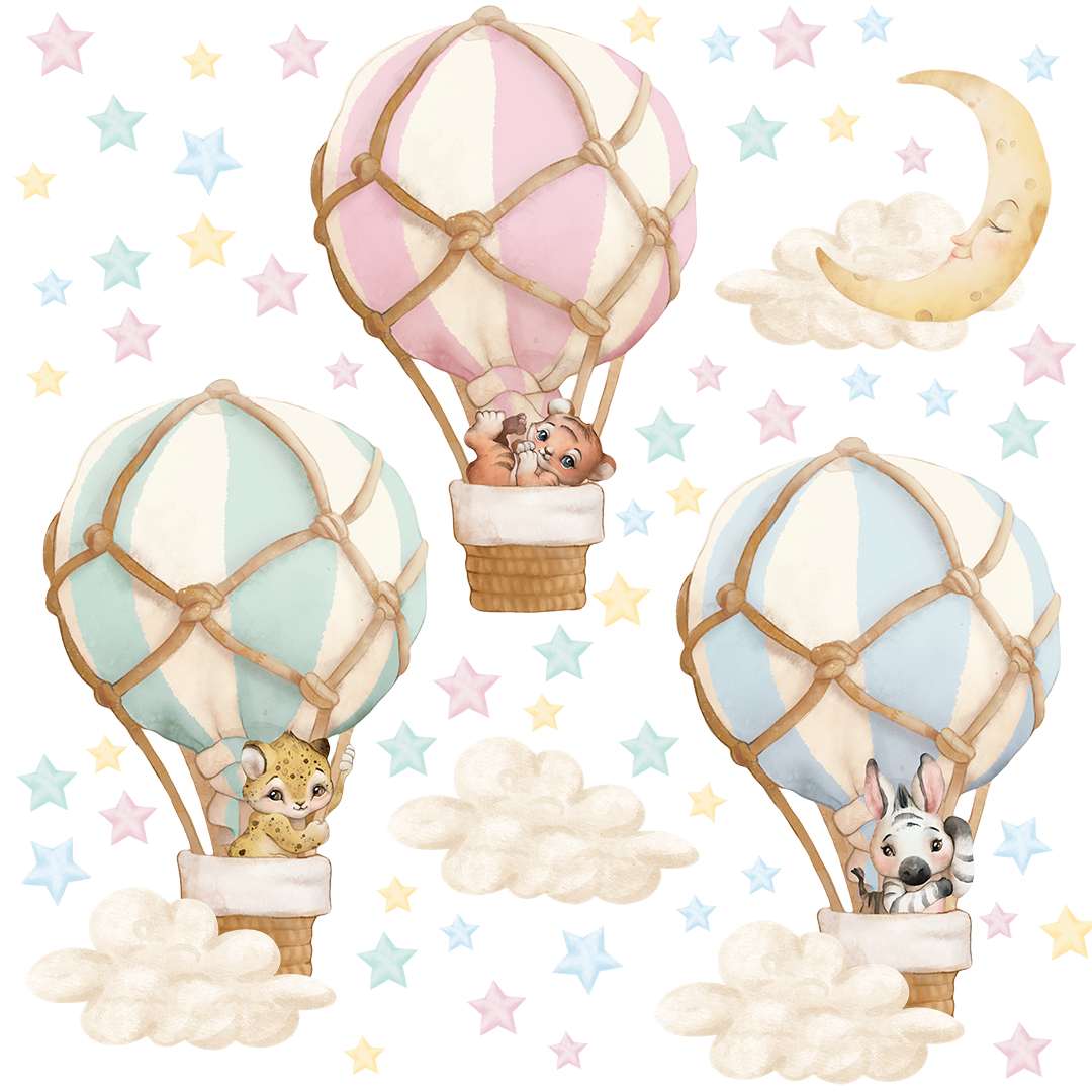 Naklejki na ścianę balony zwierzęta gwiazdki księżyc niebieskie pastele - obrazek 9